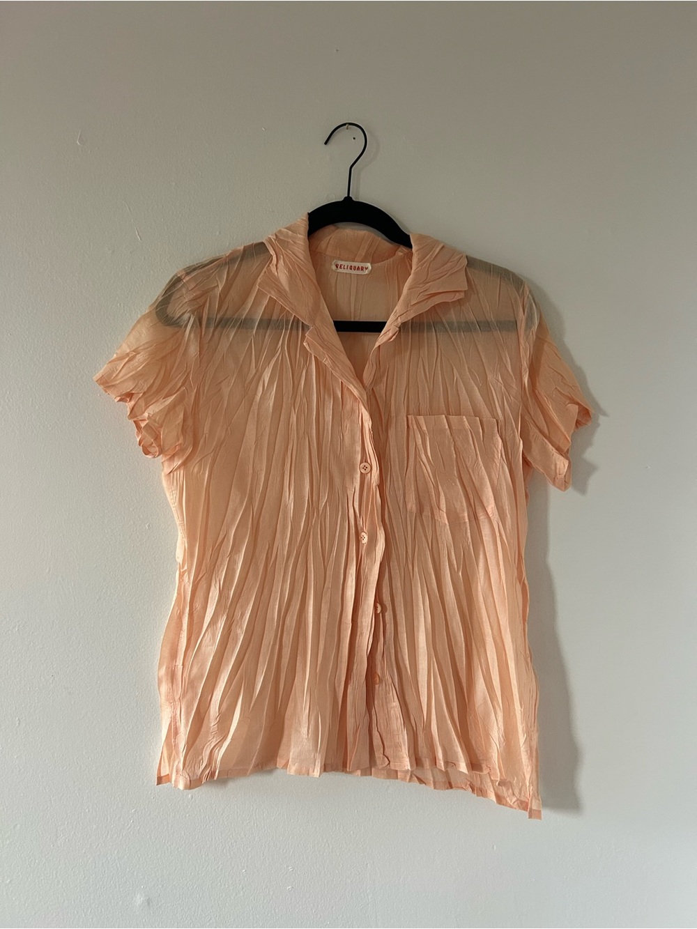 Issey Miyake Pleats Please Reliquary Peach Crinkle Button-Front Short Sleeve Top